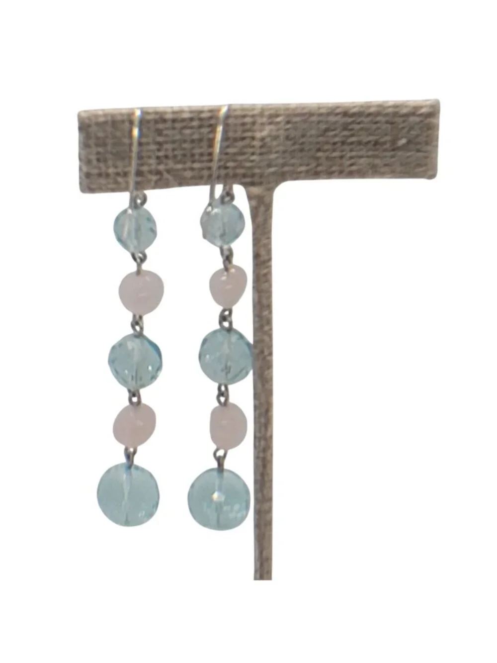 Beaded Dangle Earrings Blue Glass Beads Pink Rose Quartz On .925 Silver Hooks